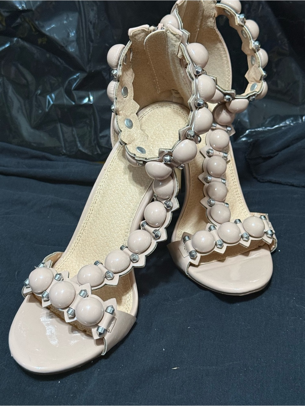 Charlotte Russe Nude Beaded Ankle-Strap Heels